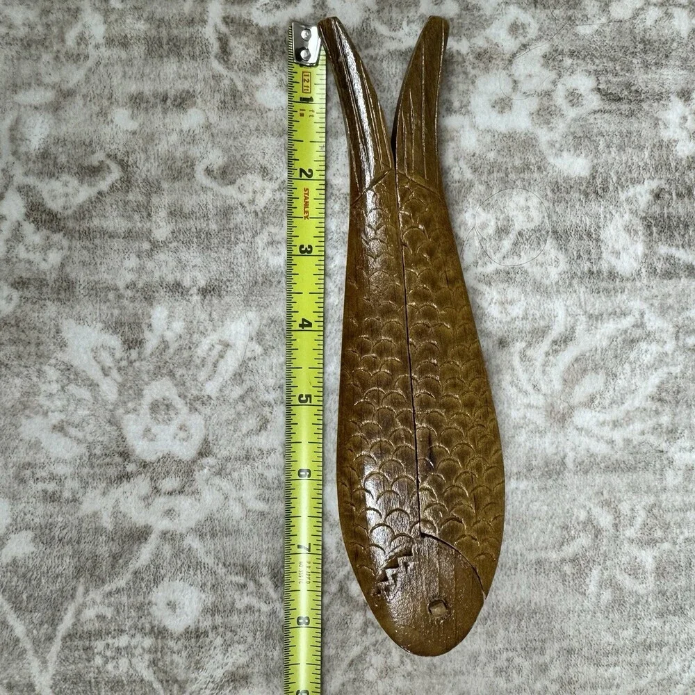 Vintage 1970s Carved Wood Fish Shape Double Nut Cracker 8